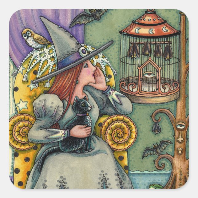 LOVELY WITCH, CAT & HER PETS, BAT CAGE, HALLOWEEN SQUARE STICKER (Front)