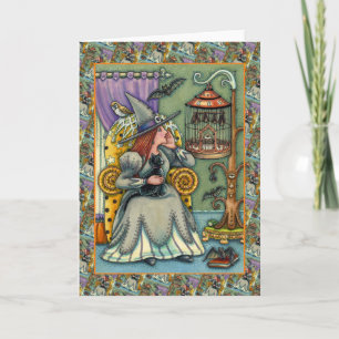 LOVELY WITCH, CAT, PETS, BAT CAGE, HALLOWEEN Blank Holiday Card