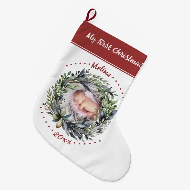 Lovely wreath Baby's First Christmas photo Large Christmas Stocking (Front (Hanging))