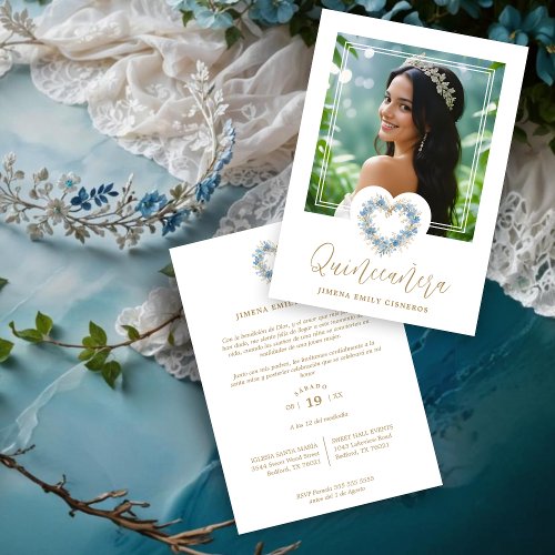 Lovely XVs Floral Blue  Gold Heart Shape Wreath  Invitation