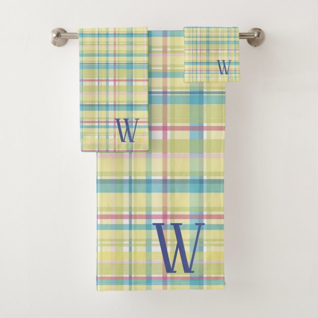 Lovely Yellow and Blue Plaid Monogram Bath Towel Set (Insitu)