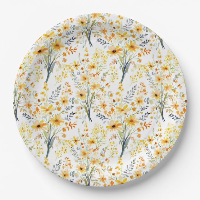 Lovely yellow spring wildflowers paper plates (Front)