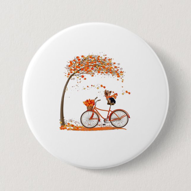 Lovely Yorkie in fall funny dog riding bicyc Button (Front)