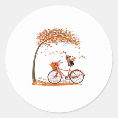 Lovely Yorkie in fall funny dog riding bicyc Classic Round Sticker