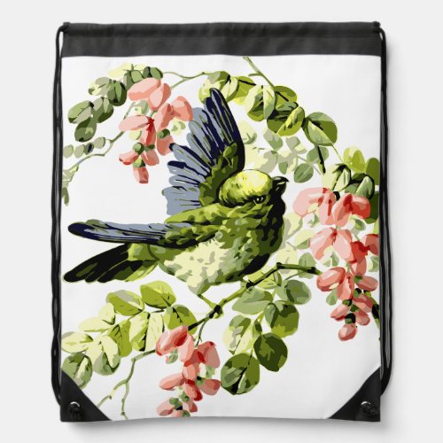 Lovely Young Parrot in Flowering Tree Drawstring Bag