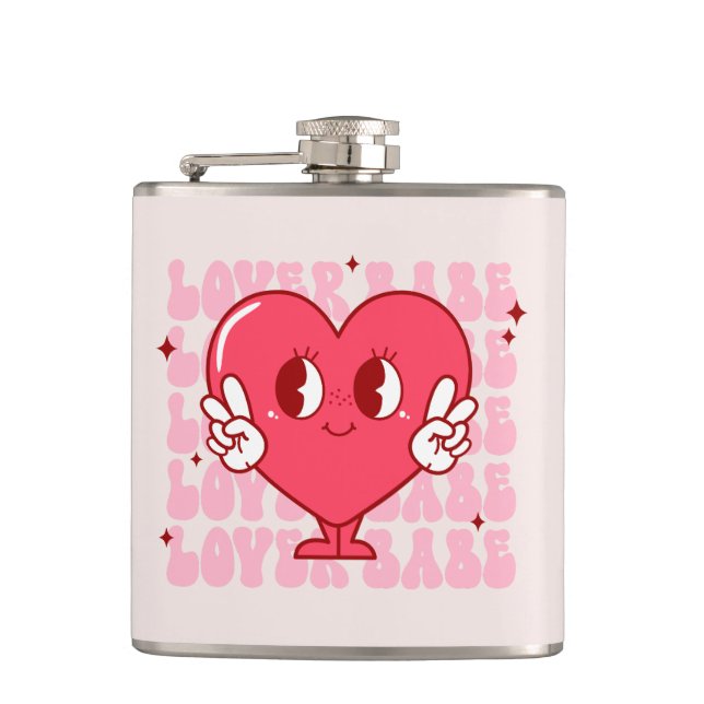 Lover Babe | Cute Smiling Heart & Repeating Text Flask (Front)