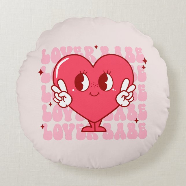 Lover Babe | Cute Smiling Heart & Repeating Text Round Pillow (Front)