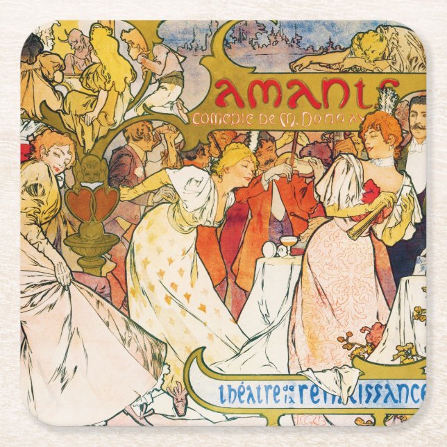 Lovers, Alphonse Mucha Square Paper Coaster (Front)