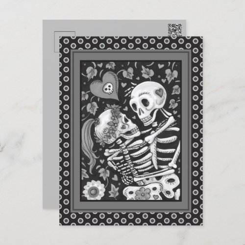 LOVERS AMONG THE IVY SWEETHEART SKELETONS EMBRACE HOLIDAY POSTCARD