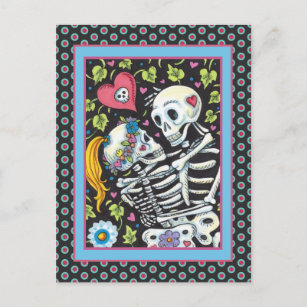 LOVERS AMONG THE IVY, SWEETHEART SKELETONS EMBRACE HOLIDAY POSTCARD