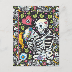 LOVERS AMONG THE IVY, SWEETHEART SKELETONS EMBRACE HOLIDAY POSTCARD