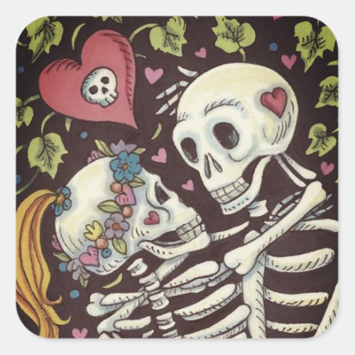 LOVERS AMONG THE IVY SWEETHEART SKELETONS EMBRACE SQUARE STICKER