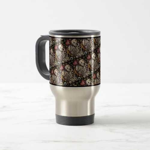 LOVERS AMONG THE IVY SWEETHEART SKELETONS EMBRACE TRAVEL MUG