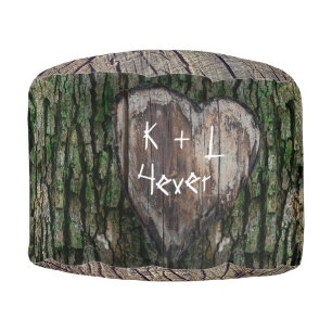 Lovers Carved Heart Rustic Tree Stump Pouf