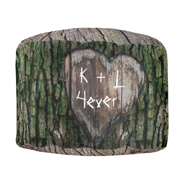 Lovers Carved Heart Rustic Tree Stump Pouf (Front)