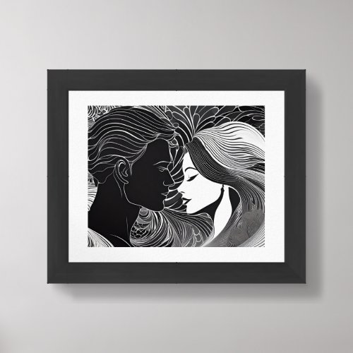 Lovers Embrace in Black  White Abstract Lines Framed Art