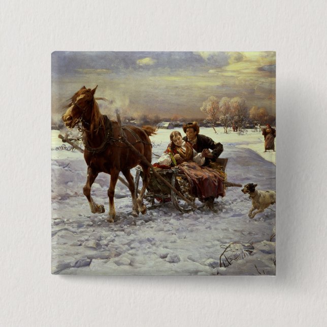 Lovers in a sleigh pinback button (Front)