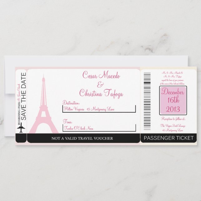 Lovers in Paris Boarding Pass Wedding Invitation (Front)