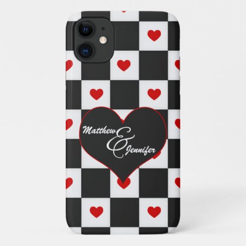 Lovers Initials Red Heart Checkerboard iPhone 11 Case