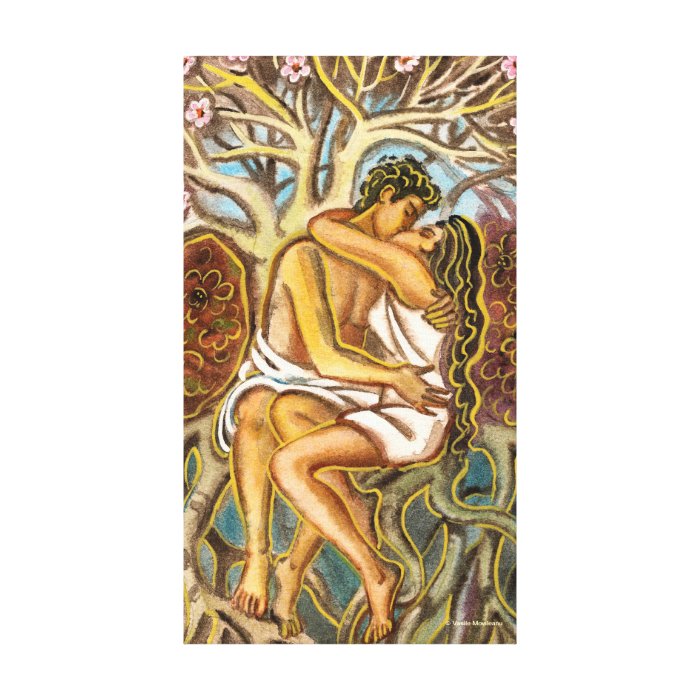 Lovers kissing each other under a blooming tree gallery wrapped canvas