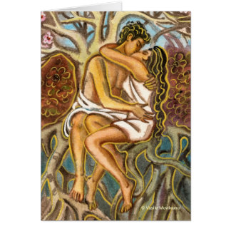 Lovers kissing each other under a blooming tree cards