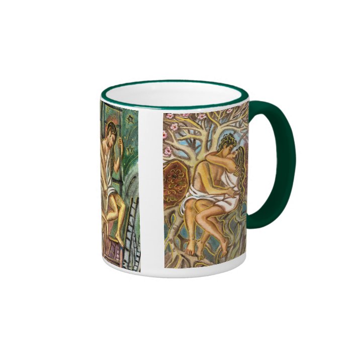 Lovers kissing each other under a blooming tree coffee mugs