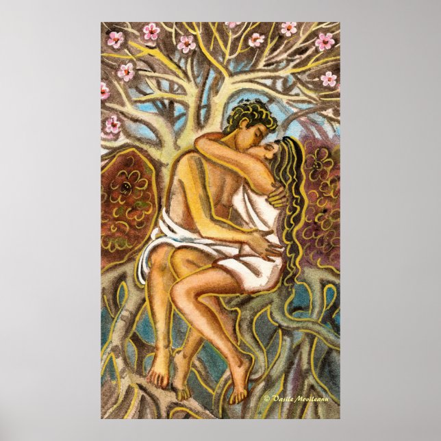 Lovers kissing each other under a blooming tree poster (Front)