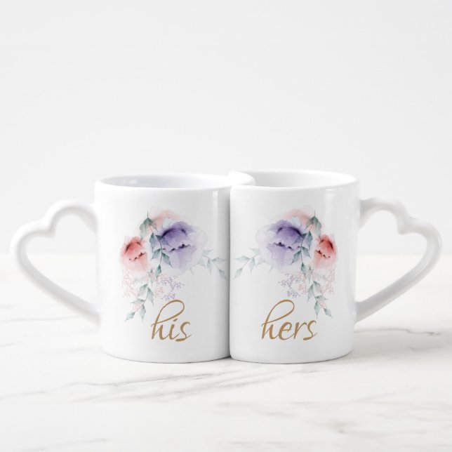 Lovers Mugs | Coral and Lilac Aquarelle Peonies (Front Nesting)