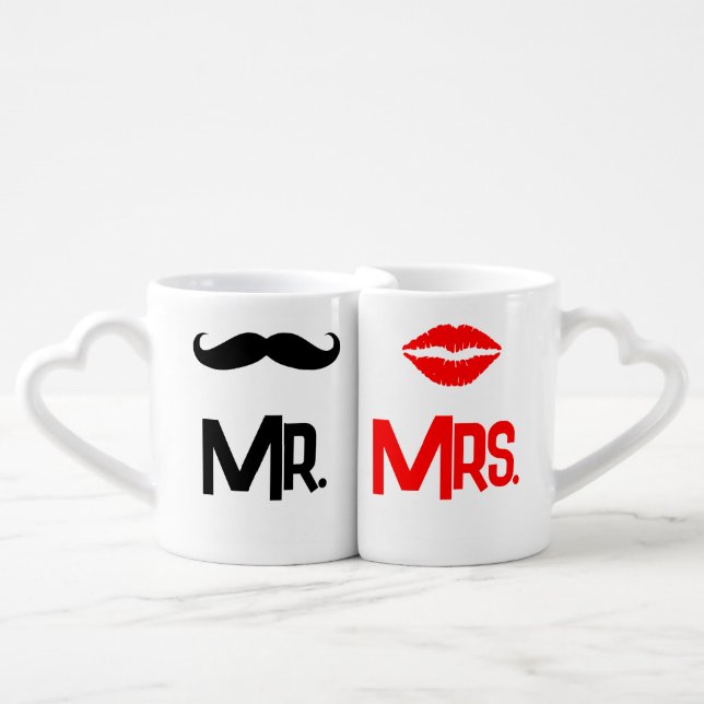 Lovers Mugs -Mr. and Mrs. - Lips & Mustache  (Front Nesting)