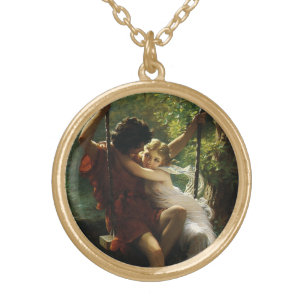 Lovers on a Swing. Spring by Pierre Auguste Cot Gold Plated Necklace