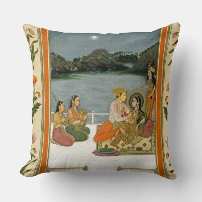 Lovers on a terrace by a moonlit lake, from the Sm Throw Pillow (Front)