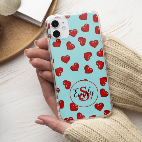 lovers Red heart pattern on Blue Custom Monogram iPhone 13 Pro Max Case