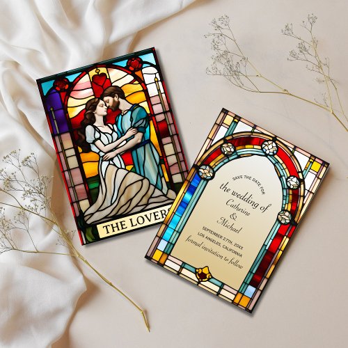 Lovers Tarot Stained Glass Style European Wedding  Save The Date