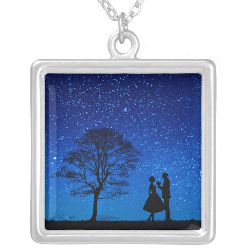 Lovers under a full moon   silver plated necklace