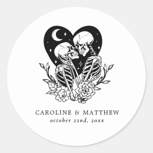 Lovers Until Death Skeletons  Roses Wedding Classic Round Sticker