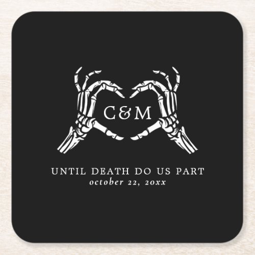 Lovers Until Death Skeletons  Roses Wedding Square Paper Coaster