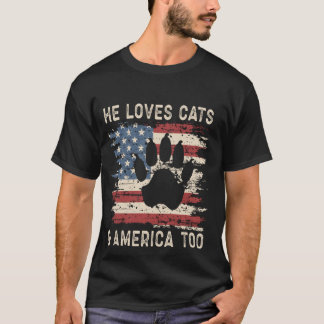 Loves Cats and America Too - Patriotic America Cat T-Shirt