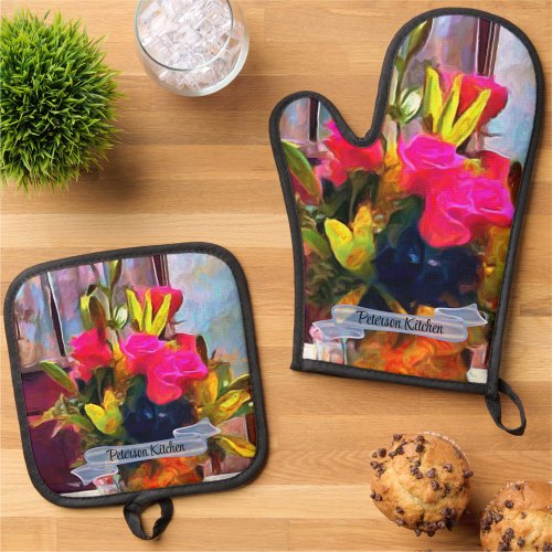 Loves Flowers PM0001 Oven Mitt  Pot Holder Set