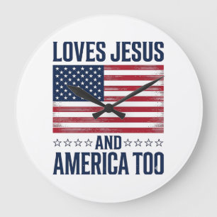 Loves Jesus And America Too Patriotic Christian Sh Large Clock