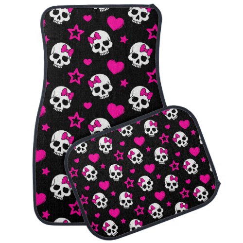 Lovey Goth Skulls in Bright Pink Car Floor Mat