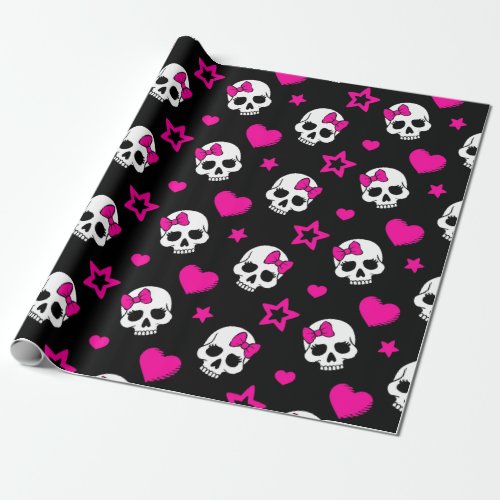 Lovey Goth Skulls in Bright Pink Wrapping Paper