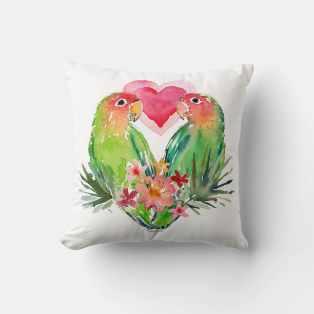 LOVEY LOVEBIRDS Tropical Valentine Throw Pillow (Front)