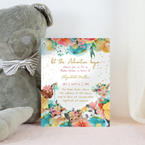 Loving Animals Flower Bloom Baby Girl Shower Invitation