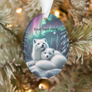 Loving Arctic Foxes Northern Lights Snowy Forest Ornament