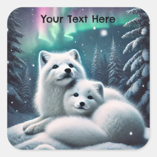 Loving Arctic Foxes Northern Lights Snowy Forest Square Sticker
