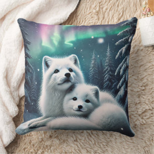 Loving Arctic Foxes Northern Lights Snowy Forest Throw Pillow