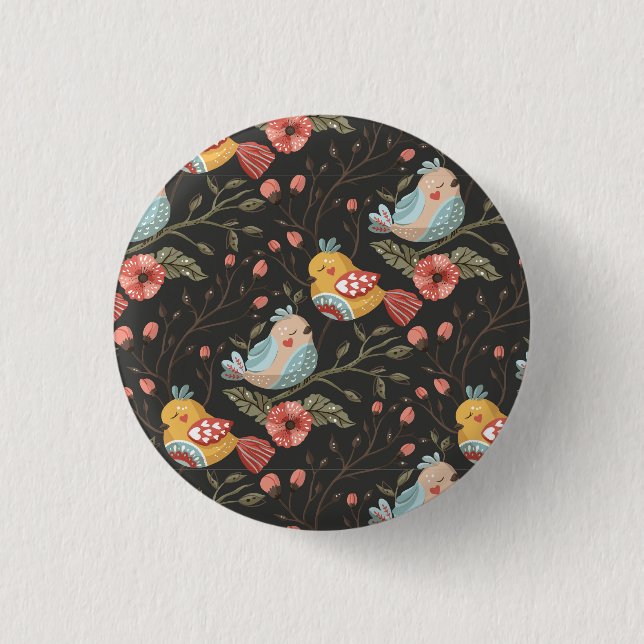 Loving Boho Birds Floral Pattern Button (Front)