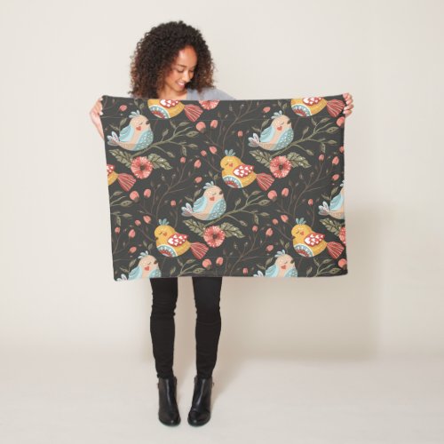 Loving Boho Birds Floral Pattern Fleece Blanket