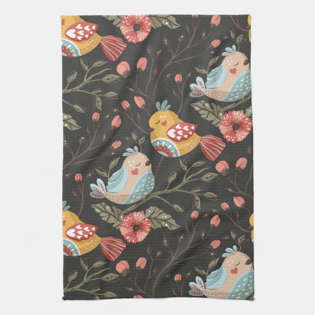 Loving Boho Birds Floral Pattern Kitchen Towel (Vertical)