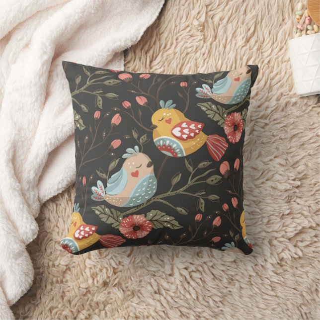 Loving Boho Birds Floral Pattern Throw Pillow (Blanket)